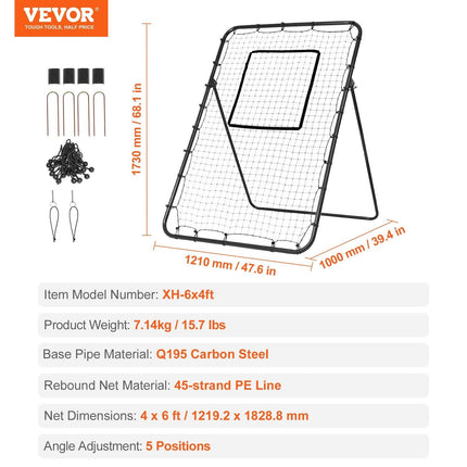 Baseball And Softball Rebounder Net, 4 x 6 Feet PitchBack Baseball Nest for Pitching and Fielding Training, Pitch Return Trainer Rebound Net with Pitching Target, 4 Adjustable Angles.