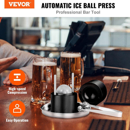 Ice Ball Press, 6cm Ice Ball Maker, Aircraft Al Alloy Ice Ball Press Kit for 60mm Ice Sphere, Ice Press with Tong and Drip Tray, for Whiskey, Cocktail, Bourbon, Scot on Party & Holiday, Black.