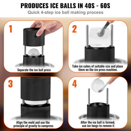 Ice Ball Press, 6cm Ice Ball Maker, Aircraft Al Alloy Ice Ball Press Kit for 60mm Ice Sphere, Ice Press with Tong and Drip Tray, for Whiskey, Cocktail, Bourbon, Scot on Party & Holiday, Black.