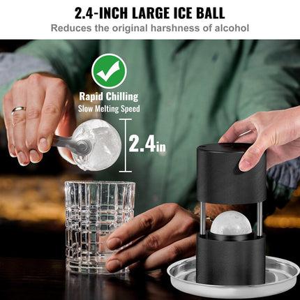 Ice Ball Press, 6cm Ice Ball Maker, Aircraft Al Alloy Ice Ball Press Kit for 60mm Ice Sphere, Ice Press with Tong and Drip Tray, for Whiskey, Cocktail, Bourbon, Scot on Party & Holiday, Black.