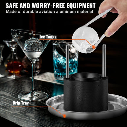 Ice Ball Press, 6cm Ice Ball Maker, Aircraft Al Alloy Ice Ball Press Kit for 60mm Ice Sphere, Ice Press with Tong and Drip Tray, for Whiskey, Cocktail, Bourbon, Scot on Party & Holiday, Black.