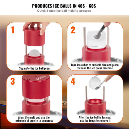 Ice Ball Press, 6cm Ice Ball Maker, Aircraft Al Alloy Ice Ball Press Kit for 60mm Ice Sphere, Ice Press with Tong and Drip Tray, for Whiskey, Cocktail, Bourbon, Scot on Party & Holiday, Red.