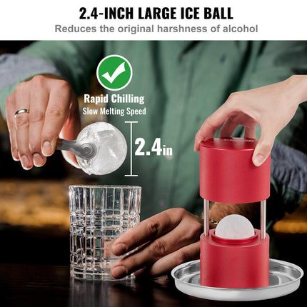 Ice Ball Press, 6cm Ice Ball Maker, Aircraft Al Alloy Ice Ball Press Kit for 60mm Ice Sphere, Ice Press with Tong and Drip Tray, for Whiskey, Cocktail, Bourbon, Scot on Party & Holiday, Red.
