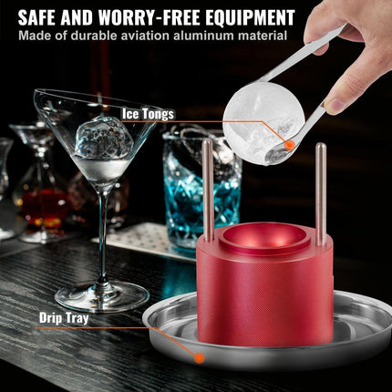 Ice Ball Press, 6cm Ice Ball Maker, Aircraft Al Alloy Ice Ball Press Kit for 60mm Ice Sphere, Ice Press with Tong and Drip Tray, for Whiskey, Cocktail, Bourbon, Scot on Party & Holiday, Red.