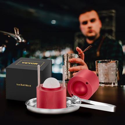 Ice Ball Press, 6cm Ice Ball Maker, Aircraft Al Alloy Ice Ball Press Kit for 60mm Ice Sphere, Ice Press with Tong and Drip Tray, for Whiskey, Cocktail, Bourbon, Scot on Party & Holiday, Red.