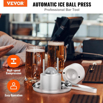 Ice Ball Press Kit, Aircraft Al Alloy Ice Press with Ice Block Mold, Large Mat, Tong, Drip Tray, One Glass, Round Ice Ball Maker 2.4"/60 mm Ice Sphere, for Whiskey, Cocktail on Party & Holiday.