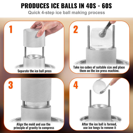 Ice Ball Press Kit, Aircraft Al Alloy Ice Press with Ice Block Mold, Large Mat, Tong, Drip Tray, One Glass, Round Ice Ball Maker 2.4"/60 mm Ice Sphere, for Whiskey, Cocktail on Party & Holiday.