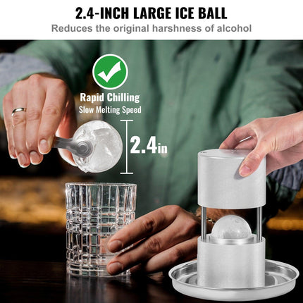 Ice Ball Press Kit, Aircraft Al Alloy Ice Press with Ice Block Mold, Large Mat, Tong, Drip Tray, One Glass, Round Ice Ball Maker 2.4"/60 mm Ice Sphere, for Whiskey, Cocktail on Party & Holiday.