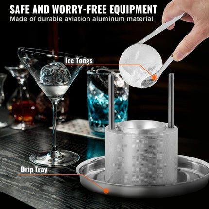 Ice Ball Press Kit, Aircraft Al Alloy Ice Press with Ice Block Mold, Large Mat, Tong, Drip Tray, One Glass, Round Ice Ball Maker 2.4"/60 mm Ice Sphere, for Whiskey, Cocktail on Party & Holiday.