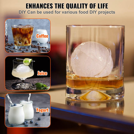 Ice Ball Press Kit, Aircraft Al Alloy Ice Press with Ice Block Mold, Large Mat, Tong, Drip Tray, One Glass, Round Ice Ball Maker 2.4"/60 mm Ice Sphere, for Whiskey, Cocktail on Party & Holiday.