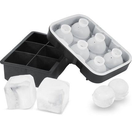 Ice Cube Trays (Set of 2), 2-in-1 Combo with Silicone Sphere Ice Ball Maker & Large Square Ice Cube Maker with Lid, Reusable Easy Release BPA Free Ice Tray Set for Whiskey Cocktails Bourbon.