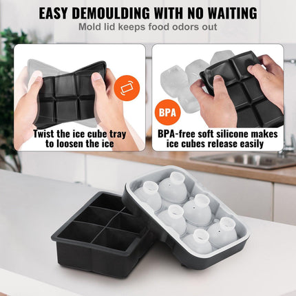 Ice Cube Trays (Set of 2), 2-in-1 Combo with Silicone Sphere Ice Ball Maker & Large Square Ice Cube Maker with Lid, Reusable Easy Release BPA Free Ice Tray Set for Whiskey Cocktails Bourbon.