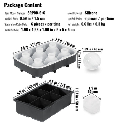Ice Cube Trays (Set of 2), 2-in-1 Combo with Silicone Sphere Ice Ball Maker & Large Square Ice Cube Maker with Lid, Reusable Easy Release BPA Free Ice Tray Set for Whiskey Cocktails Bourbon.
