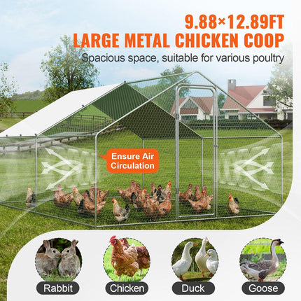 Large Metal Chicken Coop, 3x3.93x1.99 m Walk-in Chicken Runs for Yard with Cover, Spire Roof Hen House with Security Lock for Outdoor and Backyard, Farm, Duck Rabbit Cage Poultry Pen.