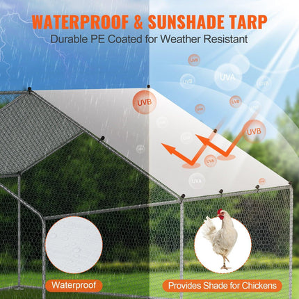 Large Metal Chicken Coop, 3x3.93x1.99 m Walk-in Chicken Runs for Yard with Cover, Spire Roof Hen House with Security Lock for Outdoor and Backyard, Farm, Duck Rabbit Cage Poultry Pen.