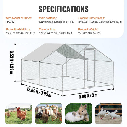 Large Metal Chicken Coop, 3x3.93x1.99 m Walk-in Chicken Runs for Yard with Cover, Spire Roof Hen House with Security Lock for Outdoor and Backyard, Farm, Duck Rabbit Cage Poultry Pen.