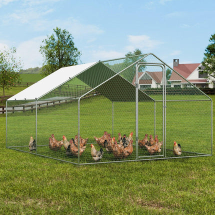 Large Metal Chicken Coop, 3x3.93x1.99 m Walk-in Chicken Runs for Yard with Cover, Spire Roof Hen House with Security Lock for Outdoor and Backyard, Farm, Duck Rabbit Cage Poultry Pen.