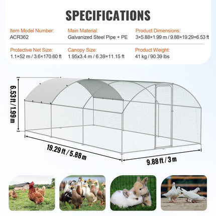 Large Metal Chicken Coop with Run, 9.8x19.3x6.5 ft Walk-in Chicken Runs for Yard with Cover, Doom Roof Hen House with Security Lock for Outdoor and Backyard, Farm, Duck Rabbit Cage Poultry Pen.