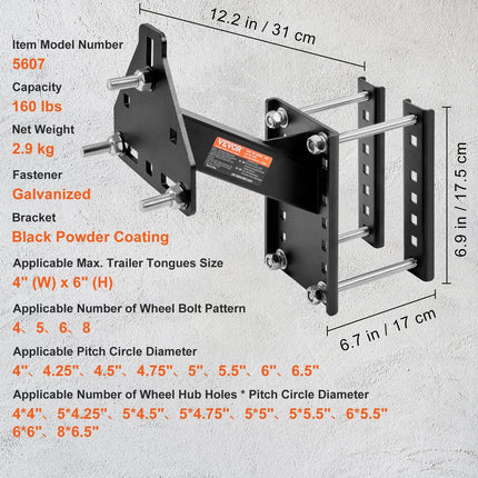 Spare Tire Carrier, Trailer Spare Tire Mount, 160 lbs Capacity, Utility Trailer Accessories Fits Most 4 & 5 & 6 & 8 Lugs Wheels on 4", 4.25", 4.5", 4.75", 5", 5.5", 6", 6.5" Bolt Patterns.