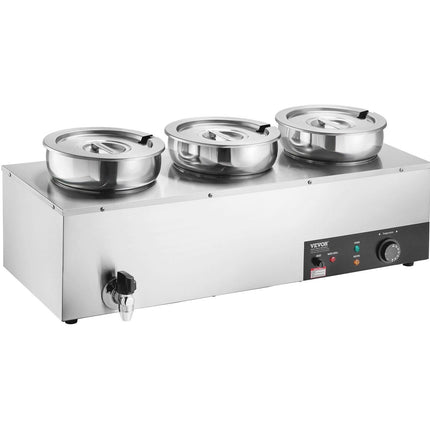 VEVOR Electric Soup Warmer, Three 7.4QT Stainless Steel Round Pot, 1200W Commercial Food Warmer, 30 - 85℃ Adjustable Temp, Bain Marie with Anti-Dry Burn and Reset Button, for Restaurant, Buffet.