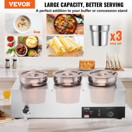 VEVOR Electric Soup Warmer, Three 7.4QT Stainless Steel Round Pot, 1200W Commercial Food Warmer, 30 - 85℃ Adjustable Temp, Bain Marie with Anti-Dry Burn and Reset Button, for Restaurant, Buffet.