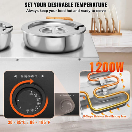 VEVOR Electric Soup Warmer, Three 7.4QT Stainless Steel Round Pot, 1200W Commercial Food Warmer, 30 - 85℃ Adjustable Temp, Bain Marie with Anti-Dry Burn and Reset Button, for Restaurant, Buffet.