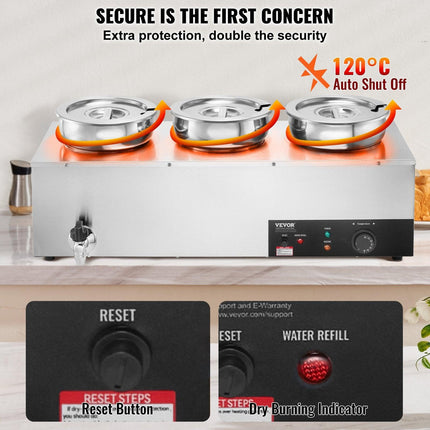 VEVOR Electric Soup Warmer, Three 7.4QT Stainless Steel Round Pot, 1200W Commercial Food Warmer, 30 - 85℃ Adjustable Temp, Bain Marie with Anti-Dry Burn and Reset Button, for Restaurant, Buffet.