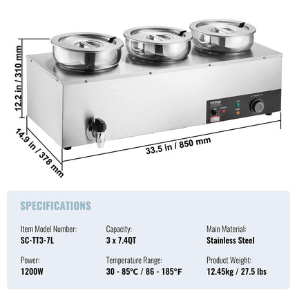 VEVOR Electric Soup Warmer, Three 7.4QT Stainless Steel Round Pot, 1200W Commercial Food Warmer, 30 - 85℃ Adjustable Temp, Bain Marie with Anti-Dry Burn and Reset Button, for Restaurant, Buffet.