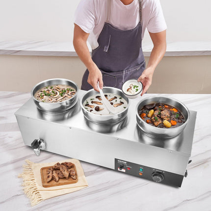 VEVOR Electric Soup Warmer, Three 7.4QT Stainless Steel Round Pot, 1200W Commercial Food Warmer, 30 - 85℃ Adjustable Temp, Bain Marie with Anti-Dry Burn and Reset Button, for Restaurant, Buffet.