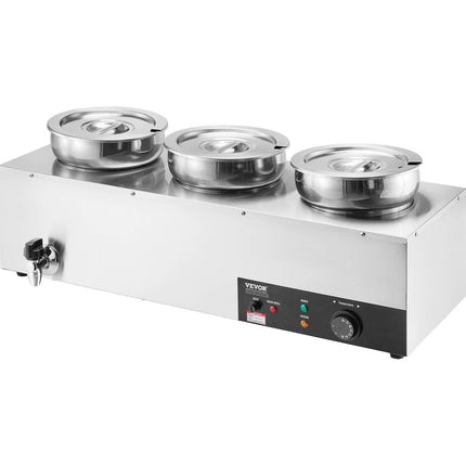 VEVOR Electric Soup Warmer, Three 7.4QT Stainless Steel Round Pot, 1200W Commercial Food Warmer, 30 - 85℃ Adjustable Temp, Bain Marie with Anti-Dry Burn and Reset Button, for Restaurant, Buffet.