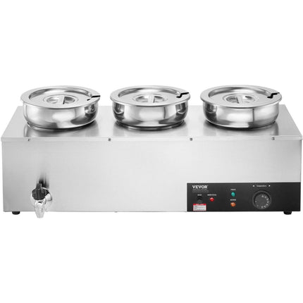VEVOR Electric Soup Warmer, Three 7.4QT Stainless Steel Round Pot, 1200W Commercial Food Warmer, 30 - 85℃ Adjustable Temp, Bain Marie with Anti-Dry Burn and Reset Button, for Restaurant, Buffet.