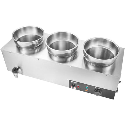 VEVOR Electric Soup Warmer, Three 7.4QT Stainless Steel Round Pot, 1200W Commercial Food Warmer, 30 - 85℃ Adjustable Temp, Bain Marie with Anti-Dry Burn and Reset Button, for Restaurant, Buffet.