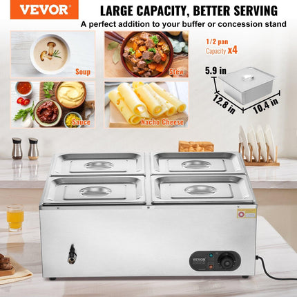 VEVOR Commercial Electric Food Warmer Countertop Buffet 4*12 Qt Pan Bain Marie.