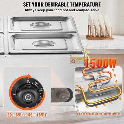 VEVOR Commercial Electric Food Warmer Countertop Buffet 4*12 Qt Pan Bain Marie.
