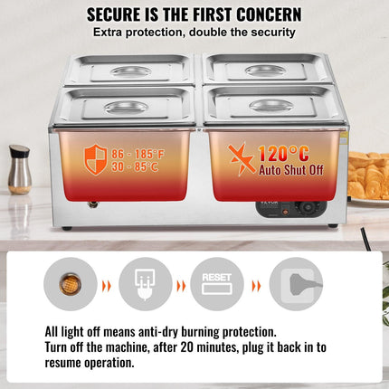 VEVOR Commercial Electric Food Warmer Countertop Buffet 4*12 Qt Pan Bain Marie.