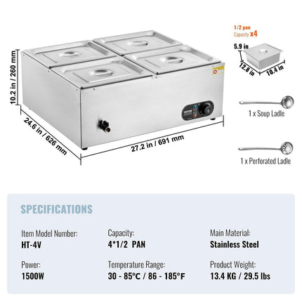 VEVOR Commercial Electric Food Warmer Countertop Buffet 4*12 Qt Pan Bain Marie.