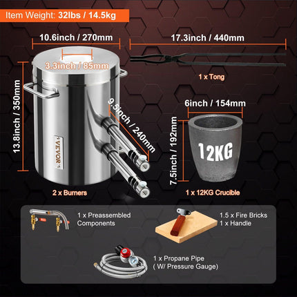 12KG Propane Smelting Furnace Kit Melting Furnace Double Burners 2700℉.