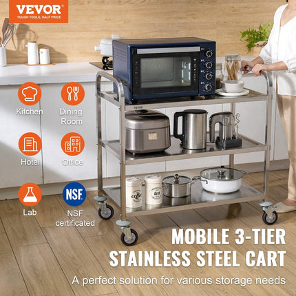 3-Tier Utility Cart Rolling Cart on Wheels 37.5"x20"x37.7" 450 LBS 6 Hooks.
