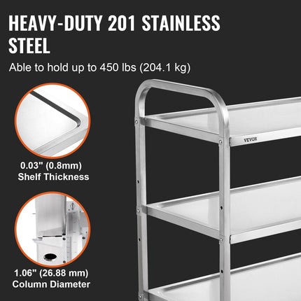 3-Tier Utility Cart Rolling Cart on Wheels 37.5"x20"x37.7" 450 LBS 6 Hooks.