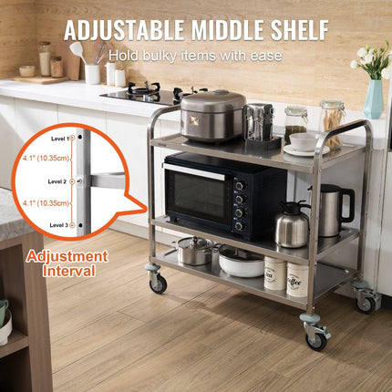 3-Tier Utility Cart Rolling Cart on Wheels 37.5"x20"x37.7" 450 LBS 6 Hooks.