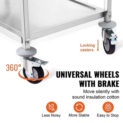 3-Tier Utility Cart Rolling Cart on Wheels 37.5"x20"x37.7" 450 LBS 6 Hooks.