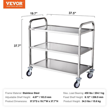 3-Tier Utility Cart Rolling Cart on Wheels 37.5"x20"x37.7" 450 LBS 6 Hooks.