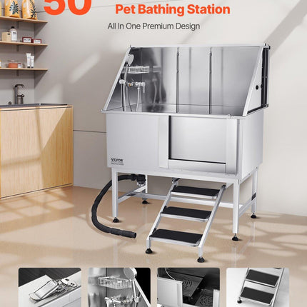 127 cm Dog Grooming Bath Tub Stainless Steel w Stairs Water Filter.