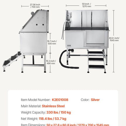 127 cm Dog Grooming Bath Tub Stainless Steel w Stairs Water Filter.
