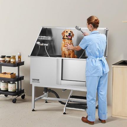 127 cm Dog Grooming Bath Tub Stainless Steel w Stairs Water Filter.