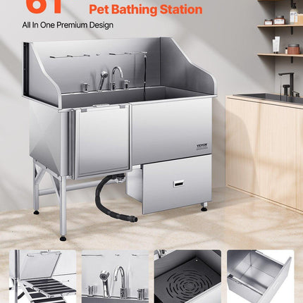 155 cm Dog Grooming Bath Tub Stainless Steel w Ramp Water Filter Left.
