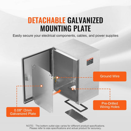 Steel Electrical Box, 40x30x15 cm, 304 Stainless Steel Electrical Enclosure Box, Wall-Mounted Outdoor Electrical Electronic Equipment Enclosure with Mounting Plate Hinges Lock, IP66 Waterproof.