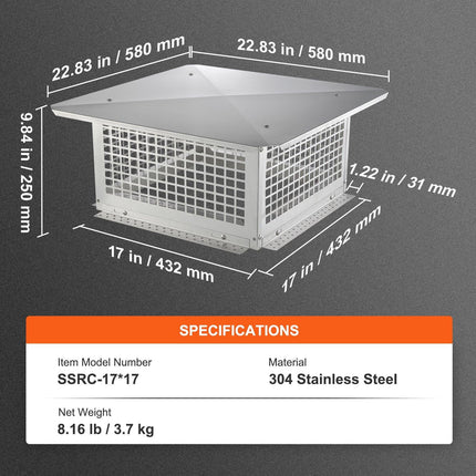 Chimney Cap 17” x 17” 304Stainless Steel Fireplace Flue Caps Cover Mesh.