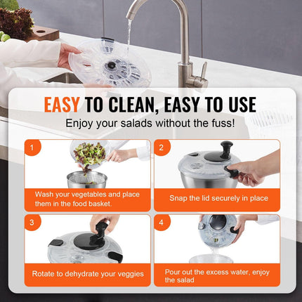 Stainless Steel Salad Spinner, 4.5L, One-handed Easy Press Large Vegetable Dryer Washer, Lettuce Cleaner and Dryer with 304 Stainless Steel Bowl, for Greens, Herbs, Berries, Fruits, No BPA.