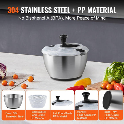 Stainless Steel Salad Spinner, 4.5L, One-handed Easy Press Large Vegetable Dryer Washer, Lettuce Cleaner and Dryer with 304 Stainless Steel Bowl, for Greens, Herbs, Berries, Fruits, No BPA.